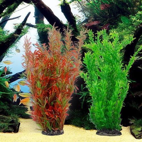 Artificial Aquarium Plant Decorations,23.62 Inches Large Plastic Fish Tank Plants Tall Realistic Aquarium Accessories for Freshwater and Saltwater(Wine and Green,2 Pcs)