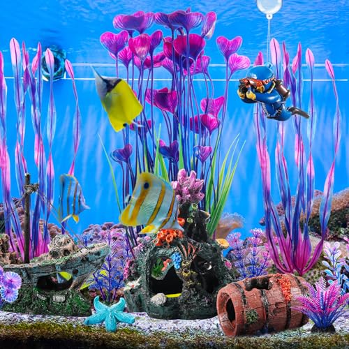 15 Pcs Fish Tank Decorations Mountain Ornament Broken Barrel Sunken Ship Artificial Seaweed Water Plants Colorful Coral Reef for Fish Bowl Aquarium Decor(Purple) - color: Purple
