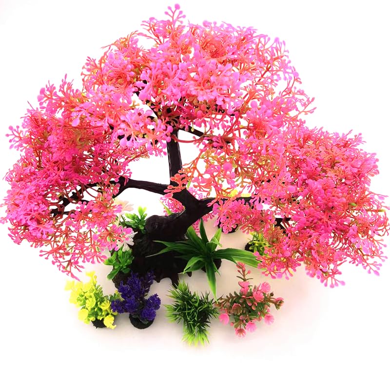 Artificial Aquarium Plants, Fish Tank Decorations, 10 Pcs Cherry Blossom Aquarium Fish Tank Simulation Aquatic Grass Plastic Grass Pine Tree Combination(Pink)