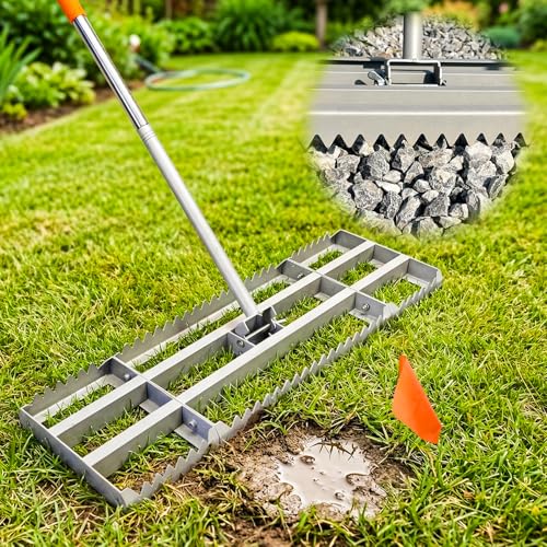 Lawn Leveling Rake, 2-in-1 Double-Sided Landscape Leveler with 20 Marking Flags for Low Spot, 30"×10" Heavy Duty Stainless Steel Flat & Serrated Side for Soil Sand Gravel, Yard Garden Golf Course - style: 30"×10“