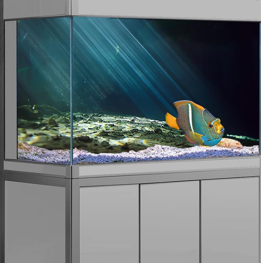 36X18 Inches Fish Tank Aquarium Background, 3D Black Sunshine Underwater World Background Decor, Undersea Theme Durable Polyester Background with 8 EVA Double-Sided Tapes - size: 36X18in/90X45cm