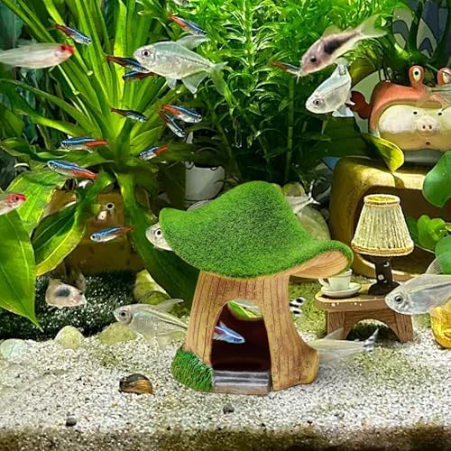 WishLotus Mushroom Fish Tank Accessories, Resin Aquarium Decorations with Hollow Hole Fishtank Decorations for Shrimp Betta Betta Fishtank Accessories for Resting Playing Hiding (Fat Mushroom)