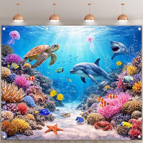 Fabric 10x8ft Under The Sea Photography Backdrop Ocean Underwater World Animals Tropical Fish Dolphin Turtle Mermaid Sunlight Background Kids Party Decorations Photo Props - size: 10'x8'