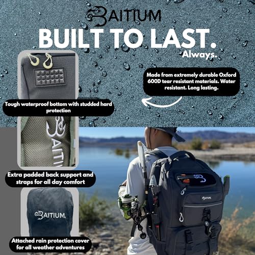 Baitium Fishing Backpack, Tackle Bag With Rod Holders, 40L Capacity With Cooler, Rain Cover, Insulated Pocket, 4 Tackle Trays Included (Jet Black) - color: Jet Black
