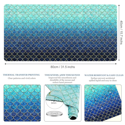 Desk Mat, Desk Matt for Desktop, DeskPad Mat, XXL Large Mouse Pad for Desks, Anti-Slip Big Mousepad with Stitched Edges, Keyboard Mouse Mat for Computer, Work, Office, Game, Home, Blue Mermaid - color: Ombre Blue Mermaid, size: 31.5" x 15.7"