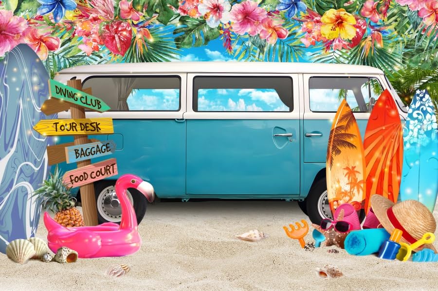 Beach Backdrop Tropical Backdrop Party Decorations 10x8ft Summer Hawaii Blue Truck RV Surfboard Background Luau Party Banner Studio Props Vinyl - color: White Blue, size: 10x8ft (300x240cm)