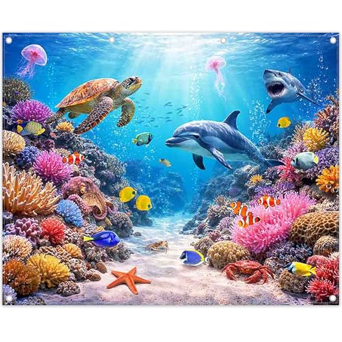 Fabric 10x8ft Under The Sea Photography Backdrop Ocean Underwater World Animals Tropical Fish Dolphin Turtle Mermaid Sunlight Background Kids Party Decorations Photo Props - size: 10'x8'