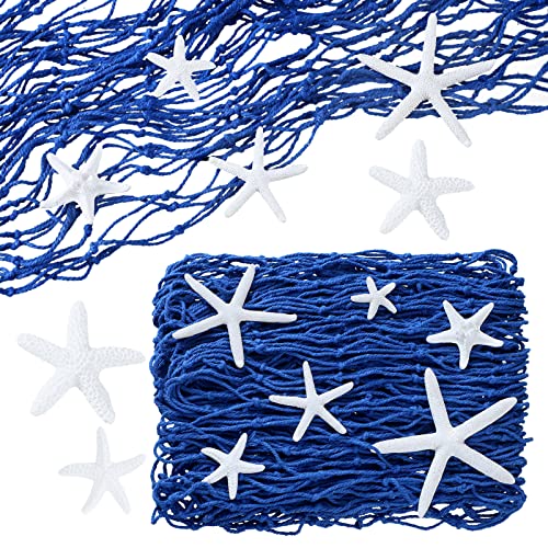21 Pieces Starfish Ornament Sets Starfish Decor Fish Net Sea Wall Decor Fishnet Nautical Decoration for Crafts Beach Wedding Mermaid Party Under The Sea Party Decorations(Blue) - color: Blue