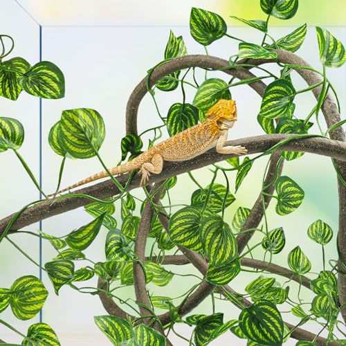 Reptile Tank Accessories, Artificial Plants Vines and Flexible Leaves With Suction Cups, Crested Gecko Tank Long Vines Hide for Climbing, Chameleon, Lizards