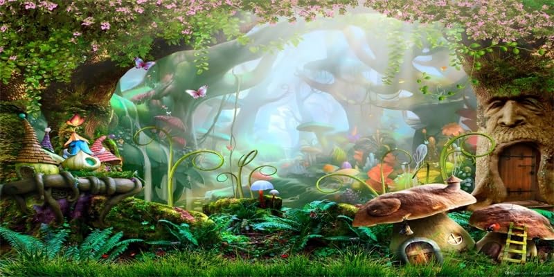 48x18inches Terrarium Background Enchanted Forest Fantasy Mushroom House Backdrop Reptile Habitat Aquarium Background Fish Tank Decoration Vinyl Background - size: 48x18in