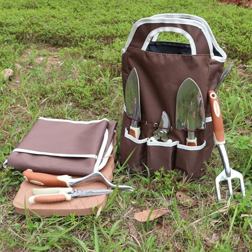Brown Gardening Tools Set 12-Piece, Garden Hand Tool Kit with Non-Slip Ergonomic Handle, Storage Tote Bag, Garden Apron, Gloves and Kneeling Pad, Gardening Gifts for Women Men Plant Lover - style: Brown