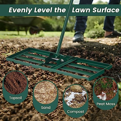 Goplus Lawn Leveling Rake, 30" x 10" Heavy Duty Level Lawn Tool w/ Ergonomic Handle for Soil, Effort-Saving Landscape Rake for Garden, Backyard, Golf Course, Farm, Pasture - style: 30" x 10", Green