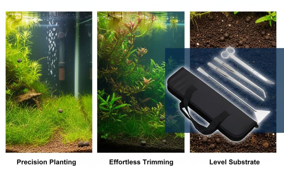4 Pcs Stainless Steel Tools Kit, Aquarium Tools with Tweezers Scissors Spatula, Aquatic Plants Tool Set with Canvas Bag, for Fish Tank Plant