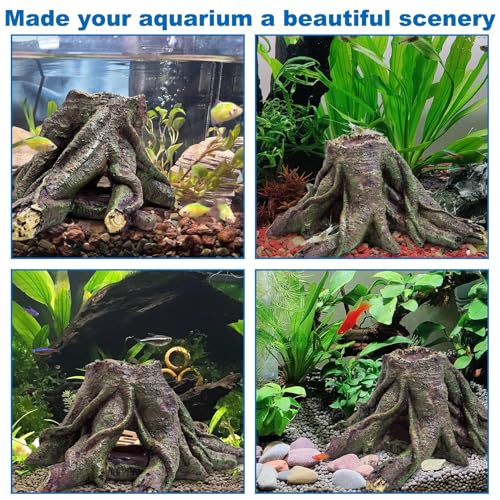PINVNBY Resin Aquarium Tree Hollow Stump Decor - Fish Tank Ornament, Pleco Cave Hideout for Small Betta, Cichlid, Shrimp, Guppy & GloFish
