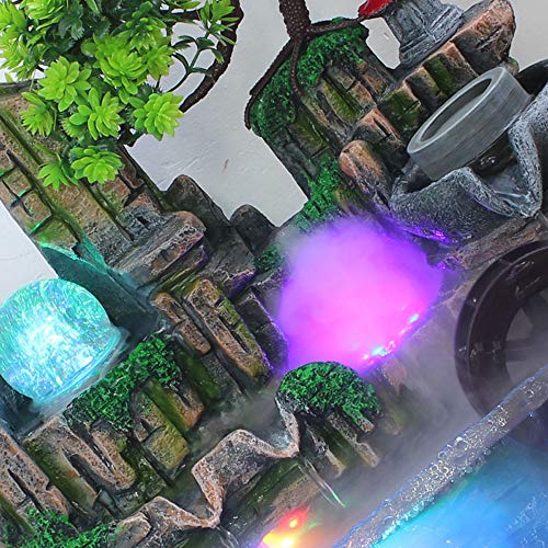 DNYSYSJ Tabletop Waterfall Fountain with Rockery, Mini Silent Indoor Ornament Desk Water Fountain Desktop Simulation Resin with Atomizer LED Small Fish Tank for Office Bedroom Home Decor Windmill