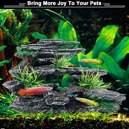 Aquarium Mountain View Stone Ornament Tree Rock Cave Aquarium Decorations for Fish Tank Decorations for Small Fish Tank - 7.5 Inches Long - color: Black Mountain View, size: Small - Mountain View
