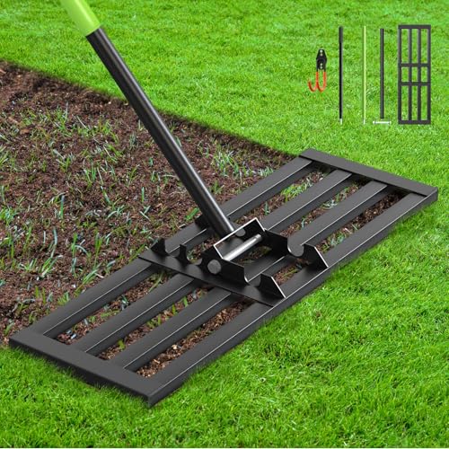 Seeutek Lawn Leveling Rake, 30” x 10” Lawn Leveler with 6.5FT Stainless Steel Handle Rakes for Lawns, 0-180° Adjustable Ground Leveler Tool for Yard, Level Soil Sand Dirt Surfaces - size: 32"*10"