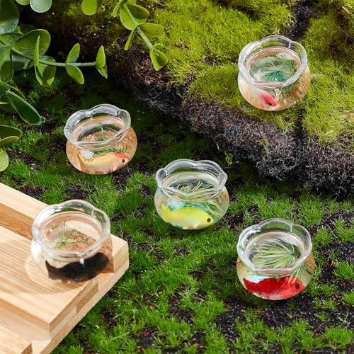 SUNNYCLUE 5Pcs 5 Styles Miniature Fish Tank Fish Bowl Plastic Simulated Round Goldfishes Grass Bowls Tanks Mini Display Decorations Accessories for Desktops Garden Scene Decors DIY Crafts Adults