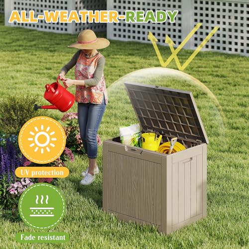 ROJIK Outdoor Storage Housing Deck Box - Waterproof Patio Furniture, Garden Tools, Cushions, Pool Accessories Storage Bench with Lockable Lid and Side Handles (Grey) - color: Grey, size: 31 Gallon
