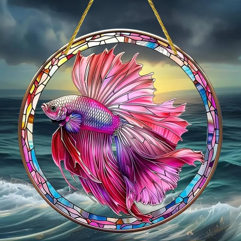 Betta Fish Stained Window Hangings with Chain – Acrylic Pink Fish Ornament for Garden, Patio and Indoor Decor, Housewarming Gift for Mom, Grandma and Fish Lovers