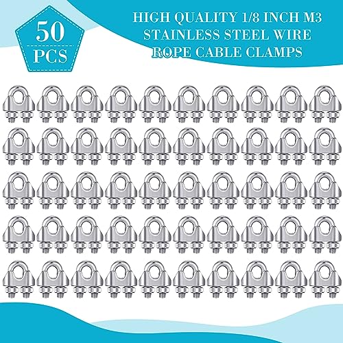 Blulu 50 Pcs 1/8 Inches M3 Stainless Steel Wire Rope Cable Clip Clamp 304 Stainless Steel Wire Rope Clamp Clip Wire Cable Clamp Wire Rope Clips U Bolt Saddle Fastener