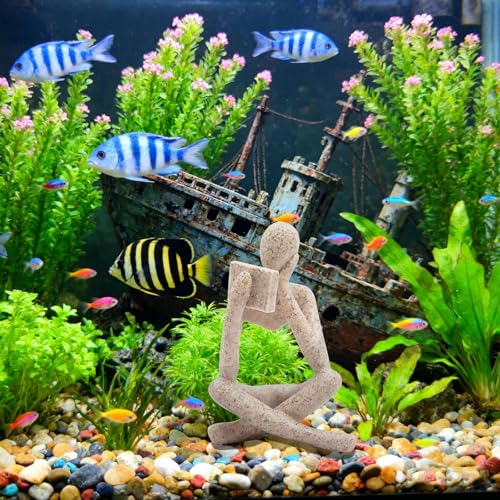 Oooct Sandstone Thinker Statue Aquarium Ornament, Small Fish Tank Decor for Freshwater & Saltwater, Abstract Aesthetic Aquarium Decoration for Tank, Pond & Terrarium - 3.1 x 2.8 x 4.9 Inch - color: Reading Statue B