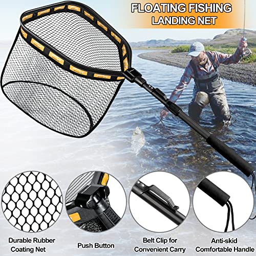 PLUSINNO Floating Fishing Net for Steelhead, Salmon, Fly, Kayak, Catfish, Bass, Trout Fishing, Rubber Coated Foldable Landing Net with Fixed or Telescoping Pole Handle, Fishing Gear and Gifts for Men - color: 19.7"/50cm Hoop Size length 1.5M Orange (Teles