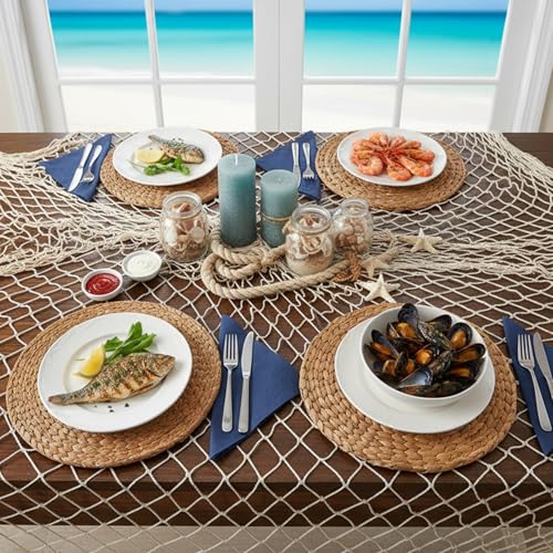 12 Pcs Natural Fish Net Decorations, 80 x 40 Inch Ocean Themed Fishing Net Natural Cotton Decorative Wall Hanging Fishing Nets for Sea Party, Beach Party, Hawaiian, Nautical, Picture (Beige) - size: 12 Pcs