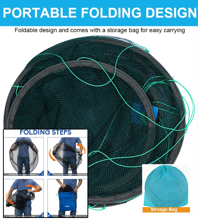 Foldable Fishing Net, Nylon Minnow Trap Crab Trap Crab Net, Drop Net for Pier Fishing, Drop Nets for Pulling Up Fish with Rope, Portable Bridge Fishing Nets for Minnows Crawfish Shrimp - size: 40inch