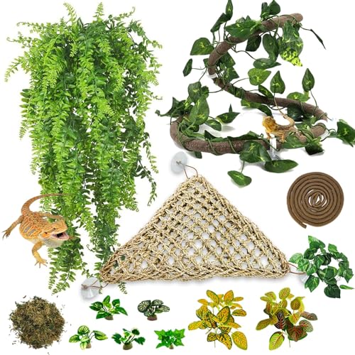 PINVNBY 14 PCS Reptile Plants Sets, Bearded Dragon Hammock, Terrarium Hanging Plant Vines Artificial Leaves, Reptile Habitat Climbing Decorations for Chameleons, Lizards, Geckos, Snakes - color: 14 PCS