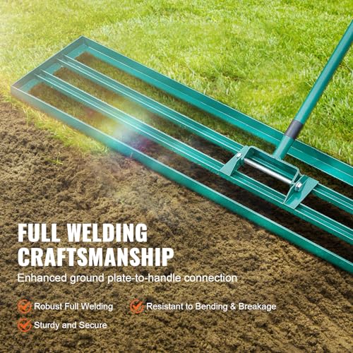 VEVOR Lawn Leveling Rake, 48""x10"" Level Lawn Tool, Heavy-Duty Lawn Leveler with 78"" Steel Extended Handle, Yard Leveling Rake Suit for Garden, Golf Lawn, Farm, Green - size: 48"x10", style: Classic: Alloy