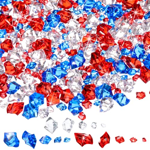 Syhood 570 Pcs 5 Sizes Red Blue and Clear Independence Day Fake Crushed Ice Rocks Patriotic Acrylic Diamond Plastic Gemstone Treasure Crystal Gem for Vase Fillers Table Centerpieces Memorial Day Decor - color: Red, Blue and Clear