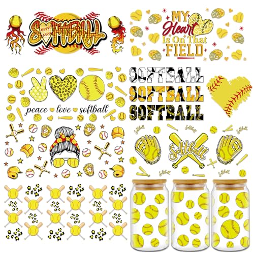 Rngmsi UV DTF Cup Wrap - 8 Sheets Softball UV DTF Cup Wraps for 16 oz Sports UV DTF Wraps Waterproof DIY Personalized Uvdtf Cup Wraps for Glass Cups Wood Crafts - style: Softball