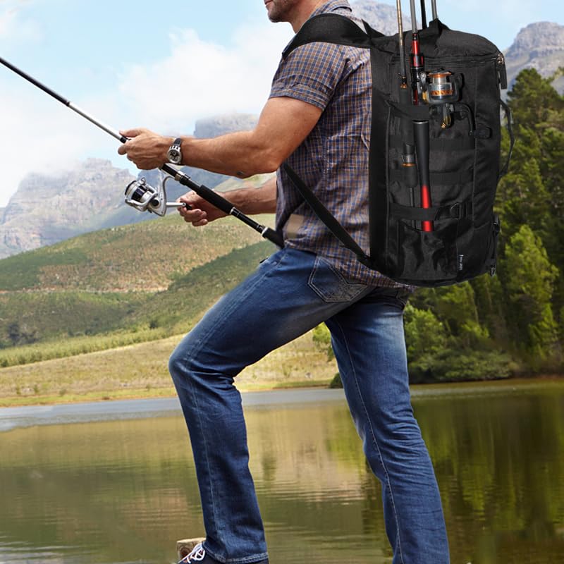 Lightweight Fishing Tackle Backpack Professional Water-Resistant All-in-One Rod Holder & Gear Storage - color: B-black