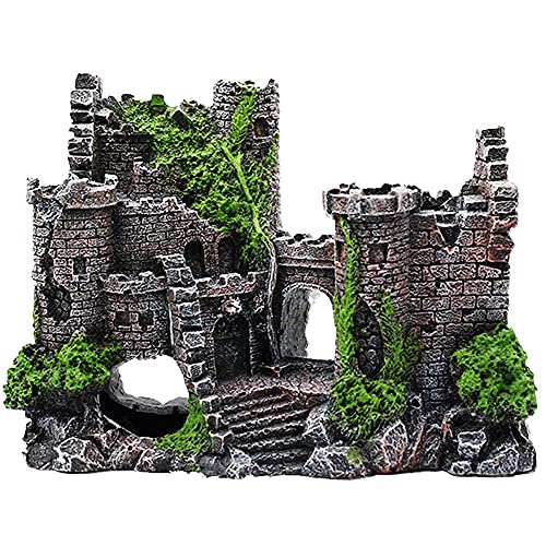IBWell Ancient Castle Design Resin Aquarium Decoration Hideouts Stone Cave Hide House, Fish Tank Accessories for Betta Shrimp Turtle