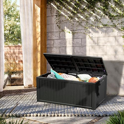 TARKARI 200 Gallon Outdoor Storage Box Waterproof, Resin Deck Boxes with Lockable Lid & UV-Resistant for Patio, Pool, Garden Furniture Cushions & Accessories, Black - color: Black, size: 200 GAL
