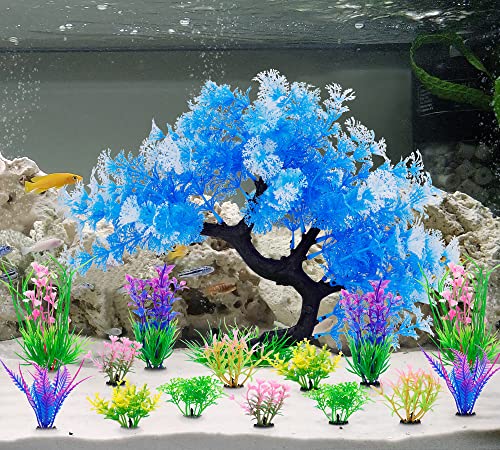 MyLifeUNIT Fish Tank Decorations, 15 Pack Artificial Aquarium Plants Tree Set for Fish Tank Decor (Bule Set) - color: Bule Set