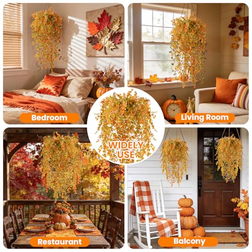 RAINFLOW 3 PCS Fake Hanging Ferns - Fake Eucalyptus Vines for Bearded Dragon Snake Geckos Hermit Crab Lizard Chameleon Reptile Decor(Orange) - color: Orange