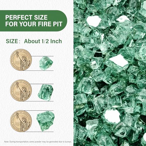NUPICK 10 Pound Fire Glass, 1/2 Inch Reflective Fire Pit Glass, Tempered Firepit Glass Rock for Propane or Natural Gas, Glass Rocks for Fire Pit Table, Fireplace Glass for Landscaping, Green - color: Green, size: 10 Pound (1/2")