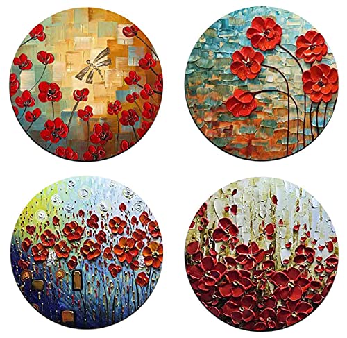 Red Watercolor Flowers Round Coaster Set - Made of Recycled Rubber - Set of 4 - color: Red Watercolor Flowers