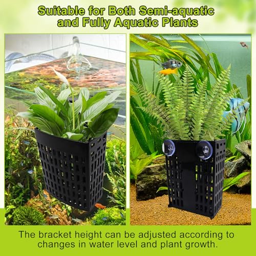 4 Pack Aquarium Plant Holder, Fish Tank Plant Basket with Extendable Hook and Suction Cup, Adjustable Planter for Aquaponic Cultivation and Aquascape Decor (Black)