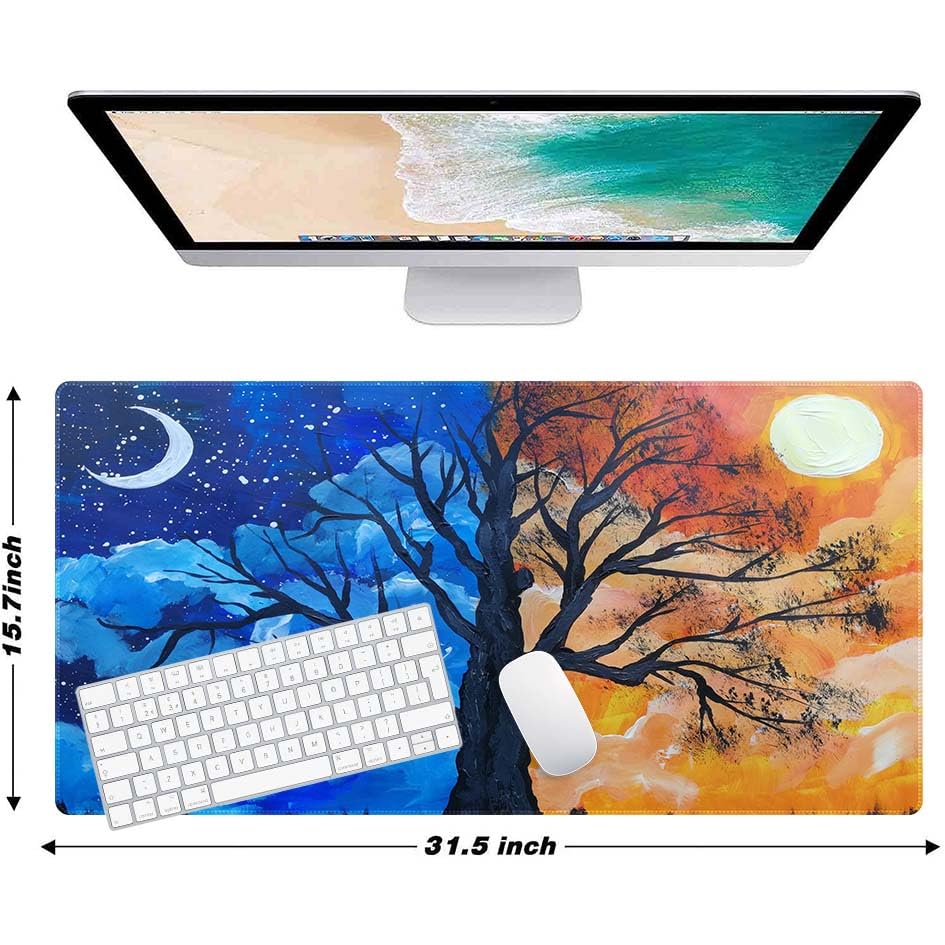 Hand Painted Landscape Trees Customized Large Extended Gaming Mouse Pad with Stitched Edges and Non-Slip Rubber Base,Suitable for Office and Home Use,31.5x15.7 Inches - color: Hand Painted Landscape Trees