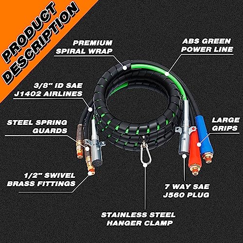 15FT Air Line Kit 3 in 1 Airline Air Hose Kit for Semi Truck Tractor Trailer with Glad Hand & Gladhand Handles & Gladhand Holder & Tender Spring Kit