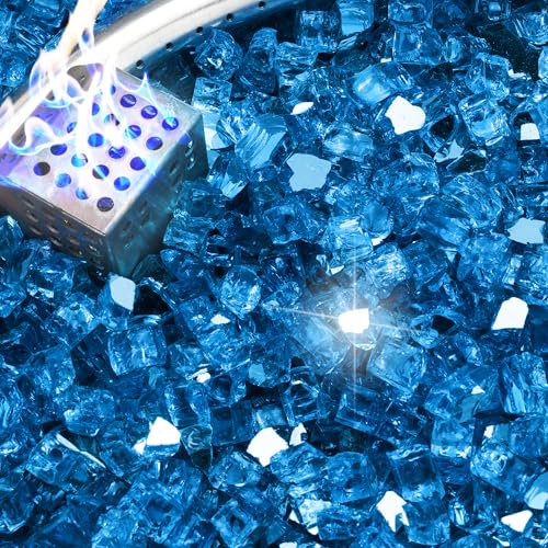 NUPICK 10 Pound Fire Glass, 1/2 Inch Reflective Fire Pit Glass, Tempered Firepit Glass Rock for Propane or Natural Gas, Glass Rocks for Fire Pit Table or Fireplace, Pacific Blue Reflective - color: Pacific Blue Reflective, size: 10 Pound (1/2")