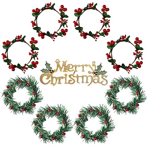 YBB 8Pcs Christmas Candle Rings, Small Artificial Red Berry Wreath Candle Holder Rings, Fits 3 Inch Pillars Candle Tapers for Rustic Wedding Centerpiece Christmas Table Decoration - color: 8pcs