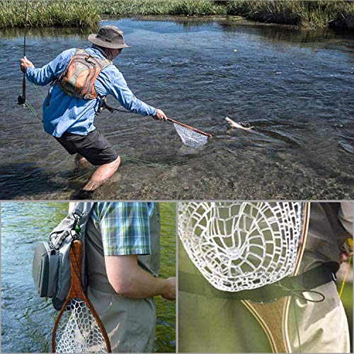 PLUSINNO Fly Fishing Net, Wooden Frame Fishing Landing Net with Magnetic Release, Soft Rubber Mesh Net for Trout Bass Catch and Release, Magnetic Fly Fishing Gear