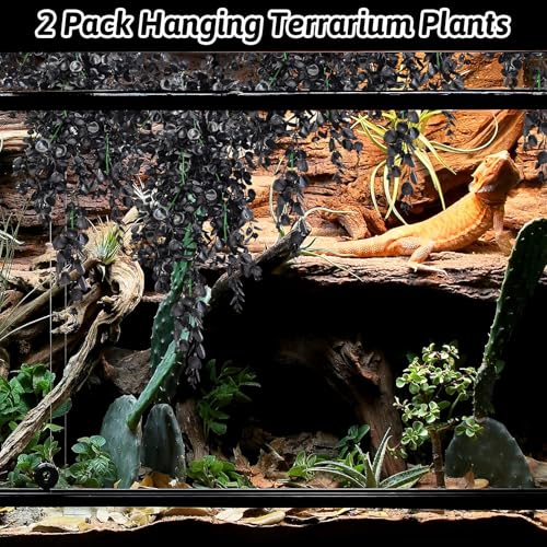Reptile Plants, 2 Pack Hanging Terrarium Plants, Artificial Leaves Habitat Decorations with Suction Cup, Fake Amphibian Plants for Bearded Dragon Lizard Hermit Crab Geckos Chameleon(Black) - size: 2 PCS