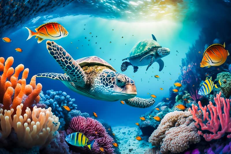 Yeele 5x3ft Sea Turtles Backdrop for Photography Underwater World Tropical Fishes Reef Coral Background Under The Sea Aquarium Decoration Vinyl Home Office Wallpaper - size: 5x3ft