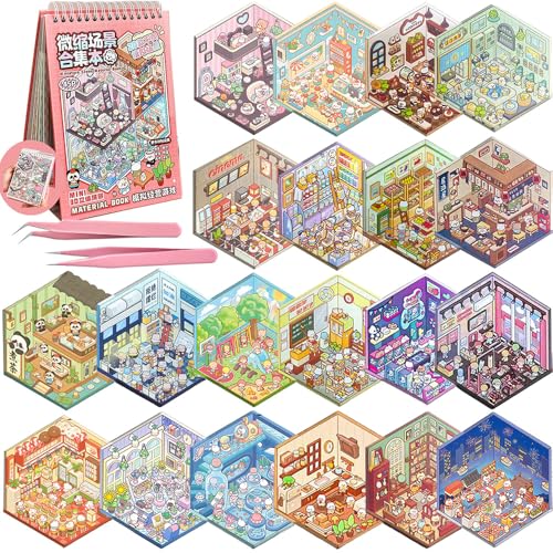 3D Sticker Scene Book for Adults, 20 Sets Mini Sticker Scenes DIY Craft - Make Your Own Cozy Room, Supermarket, House & More, Sticker Therapy for Stress Relief, Cute Art Stickers Gift Idea - color: A2-book-20sets