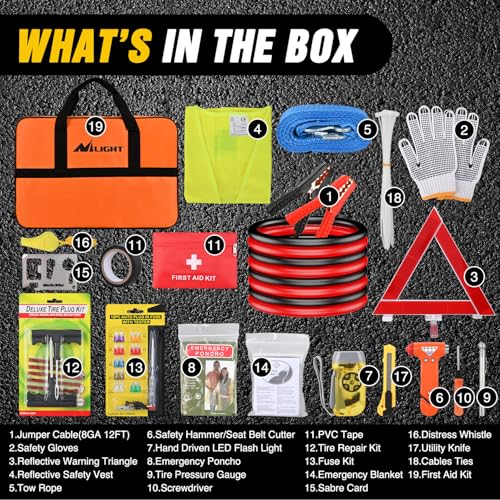 Nilight Car Emergency Kit with Jumper Cable, First Aid Kit Safety Assistance Tools for Travel Camping Outdoor Cars Truck SUV RV, Roadside Essentials with Flash Light - color: Essential Kit+Tire Repair Fuse kit